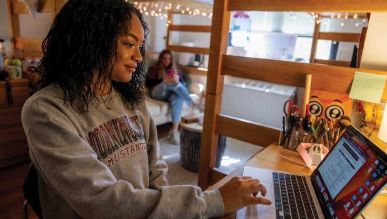 two students studying in dorm room in Dimmitt Hall