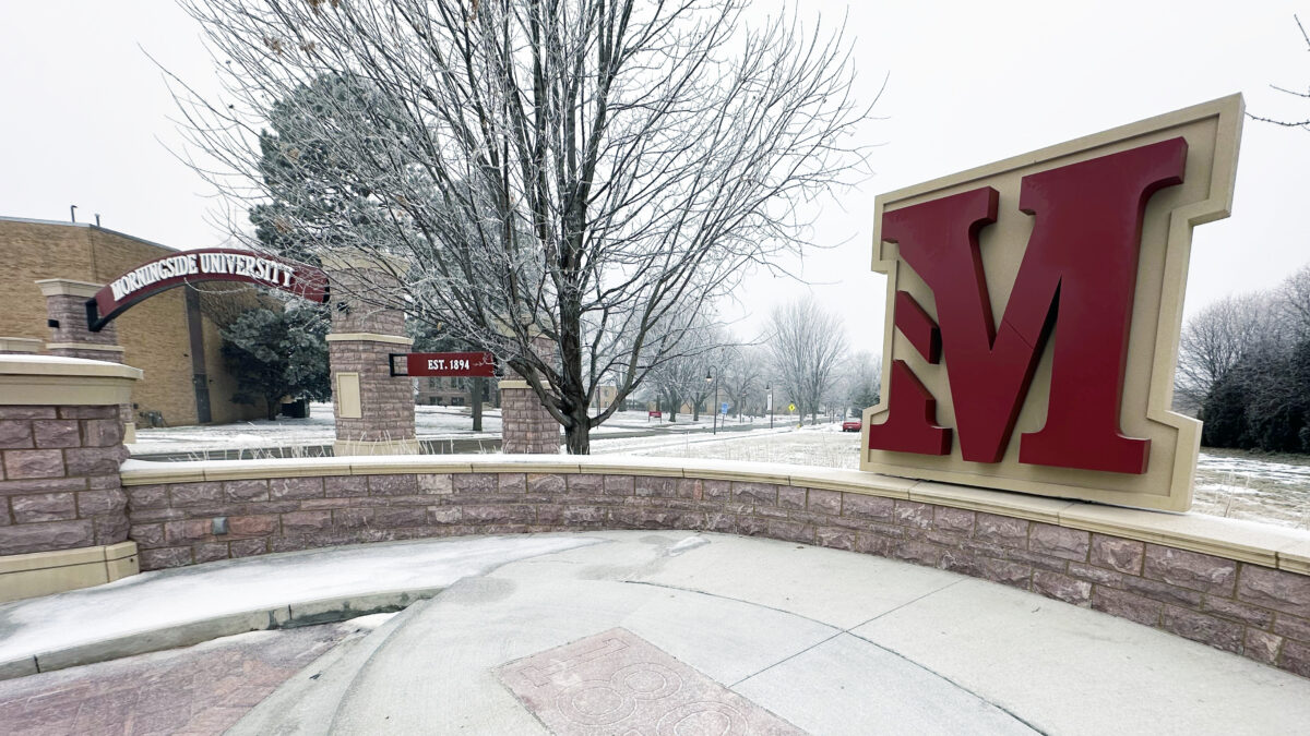 M sculpture at Morningside University covered in snow