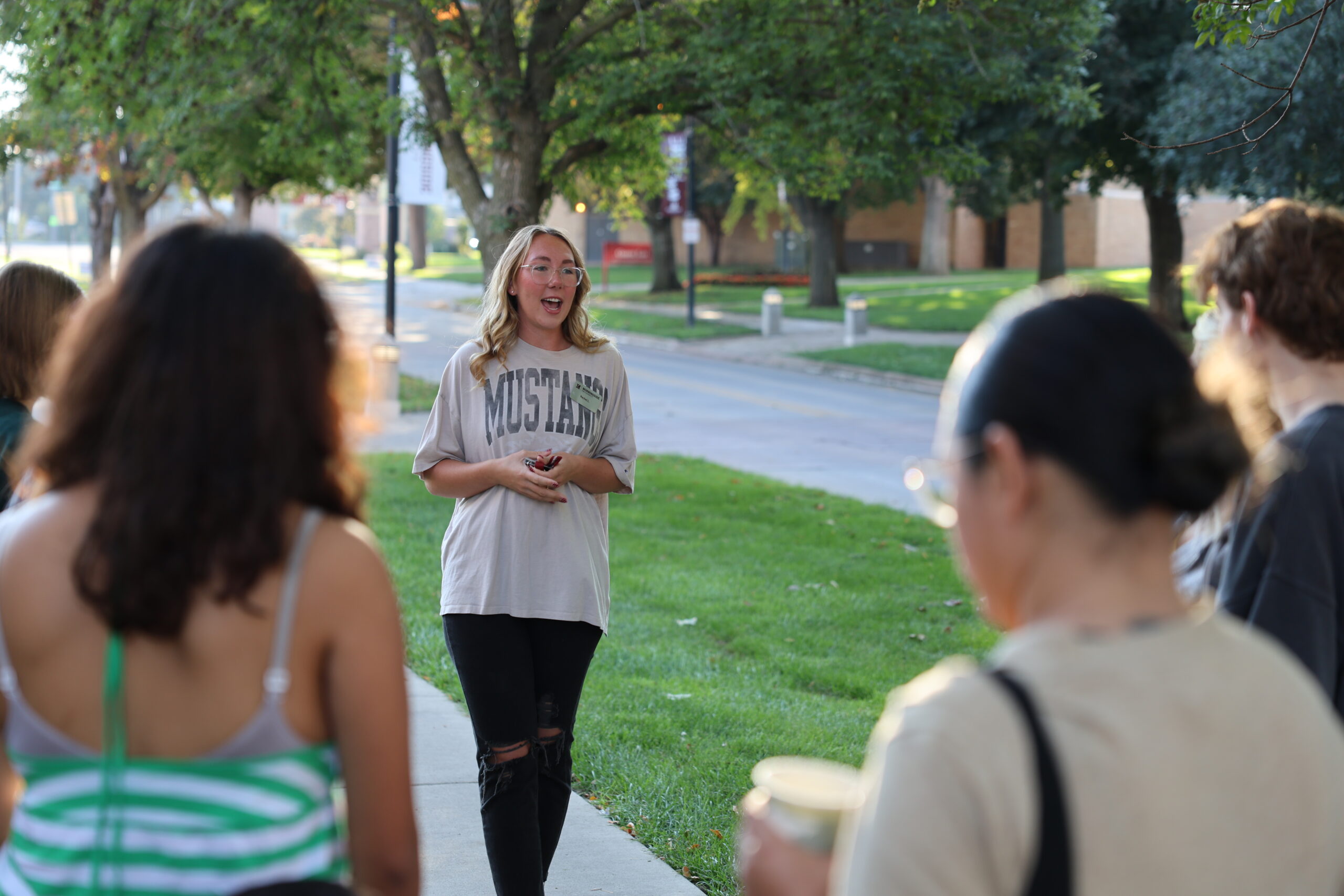 Student Ambassador giving a group campus tour on a Senior Visit Day.