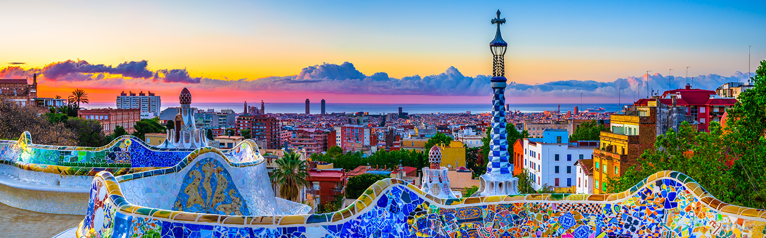 Skyline panorama of Barcelona, Spain at sunrise