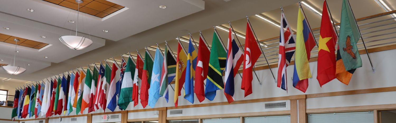 a row of international flags hanging in the HJF learning center representing the international students on campus