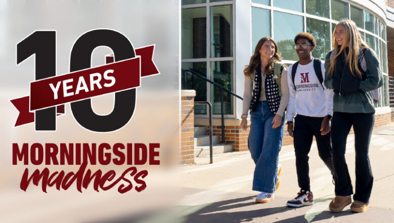 Morningside Madness 10 year logo next to 3 students walking 