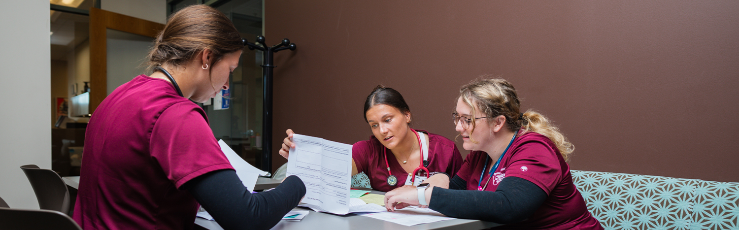 Nursing students studying together around a table